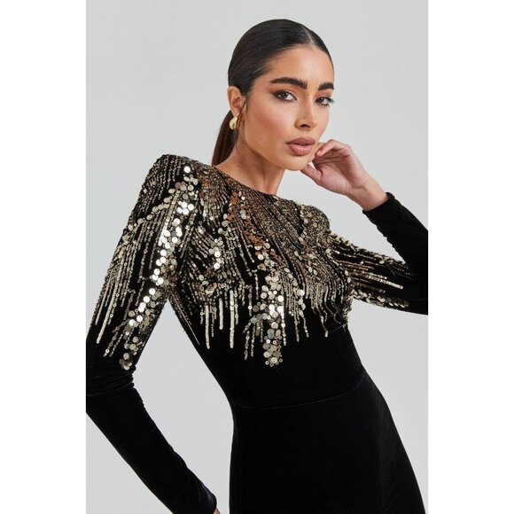 Nadine Merabi Katarina Black Gold Sequin Jumpsuit S/M NWT $545 - Picture 6 of 13